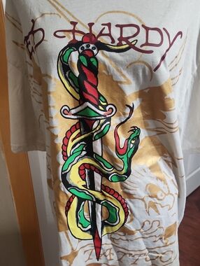 Ed Hardy Cream Tee with Red, Green & Gold Snake Dagger Flash Art Graphic